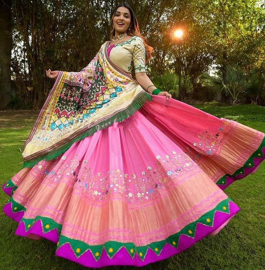 Baby pink butter silk printed real mirror work lehenga choli
