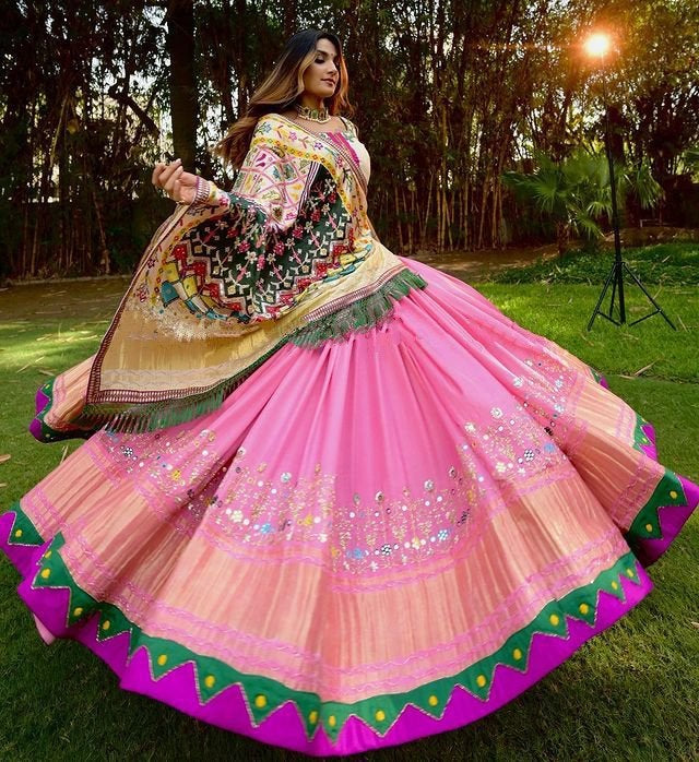 Baby pink butter silk printed real mirror work lehenga choli