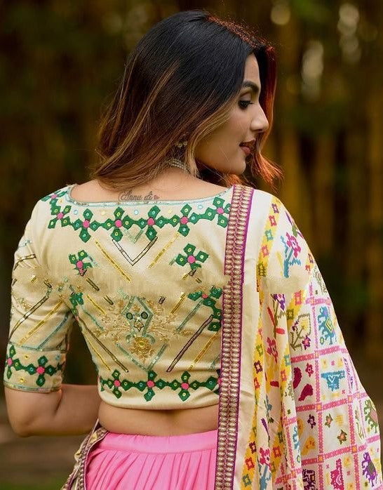 Baby pink butter silk printed real mirror work lehenga choli