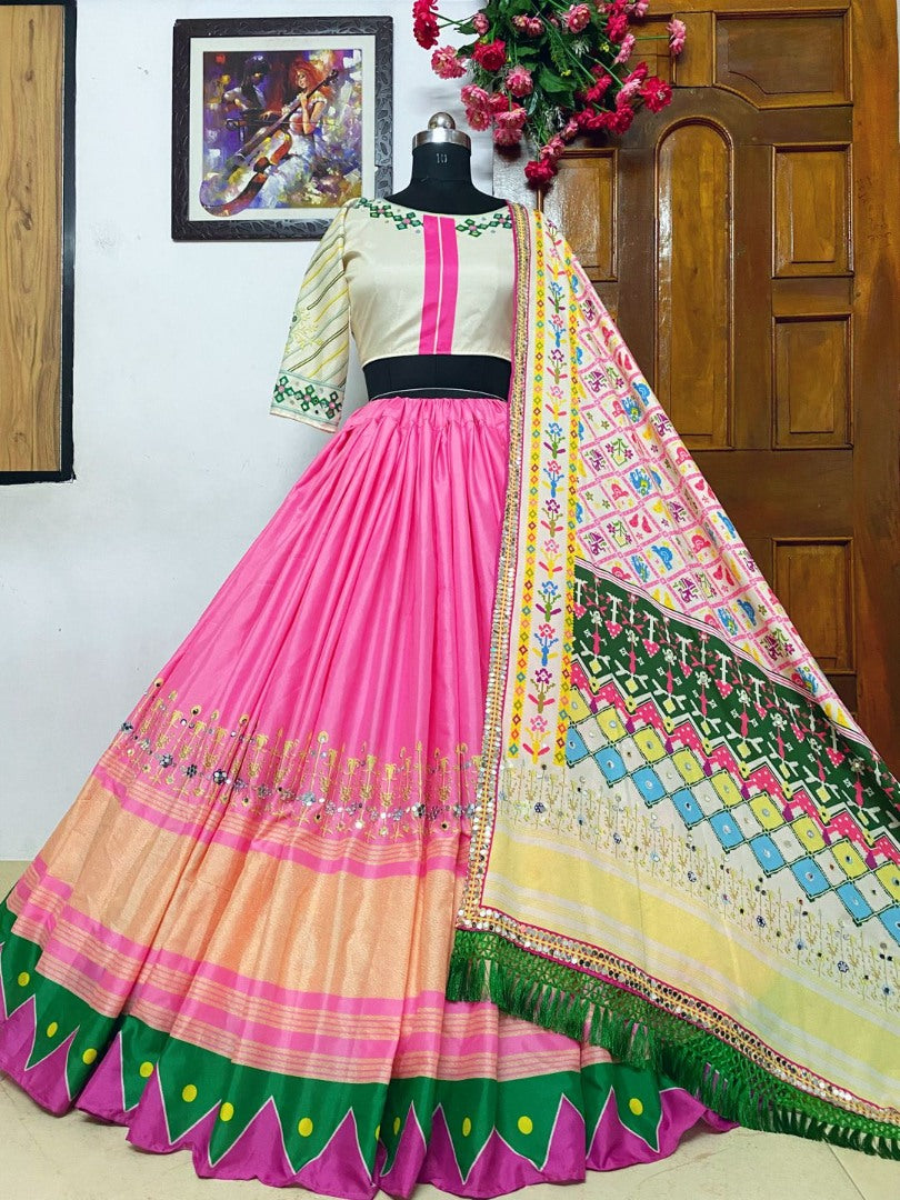 Baby pink butter silk printed real mirror work lehenga choli