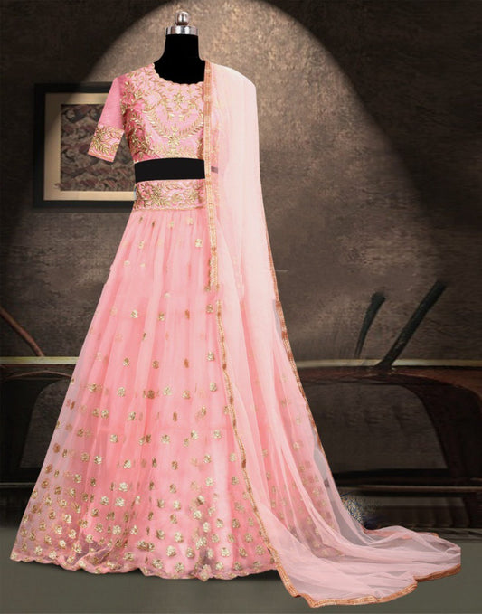 Baby pink butterfly mono net embroidered wedding lehenga choli