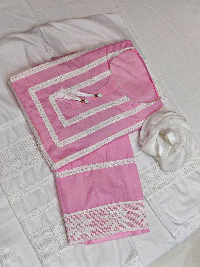 Baby pink cambric cotton chicken work lace kurtis