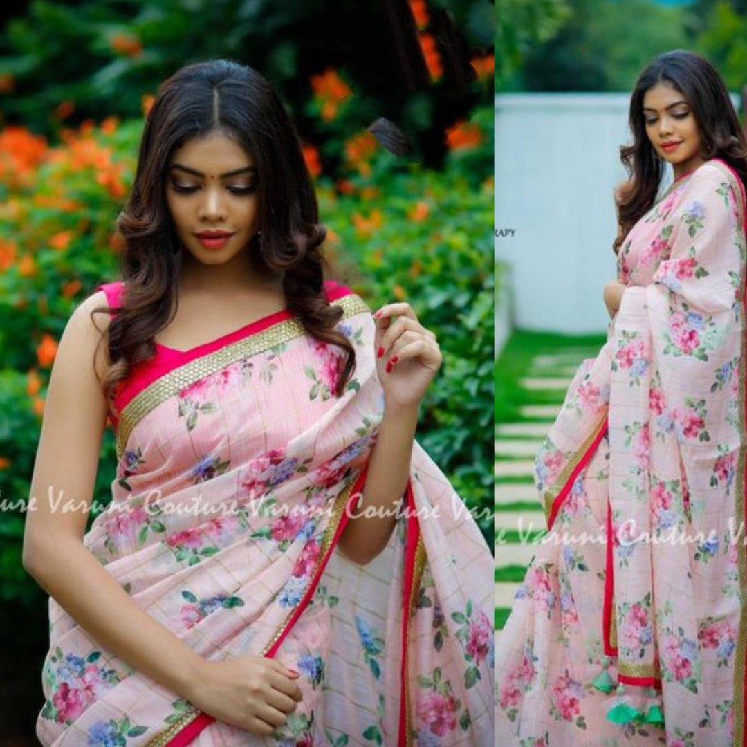 baby pink chanderi cotton printed saree