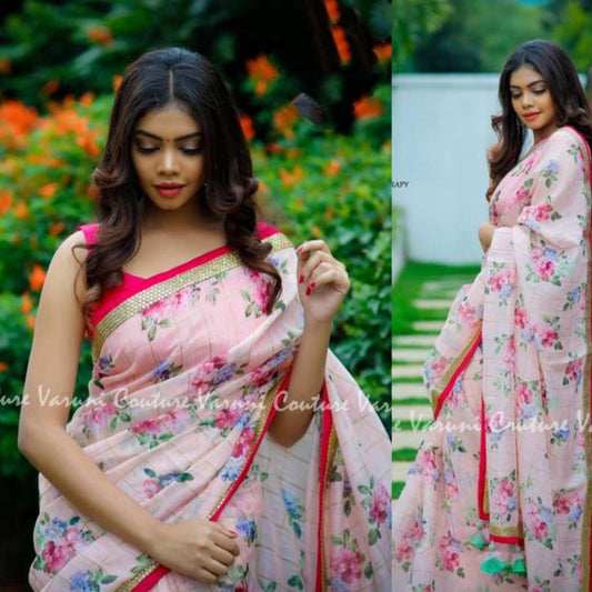 baby pink chanderi cotton printed saree