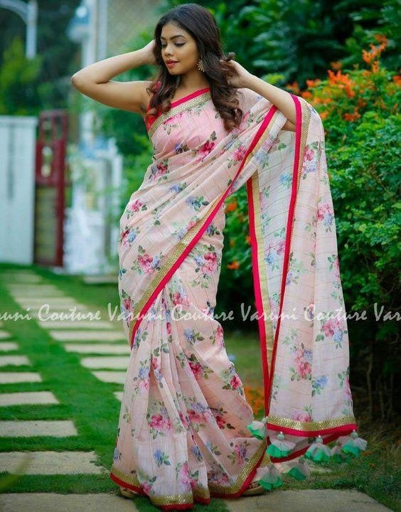 baby pink chanderi cotton printed saree