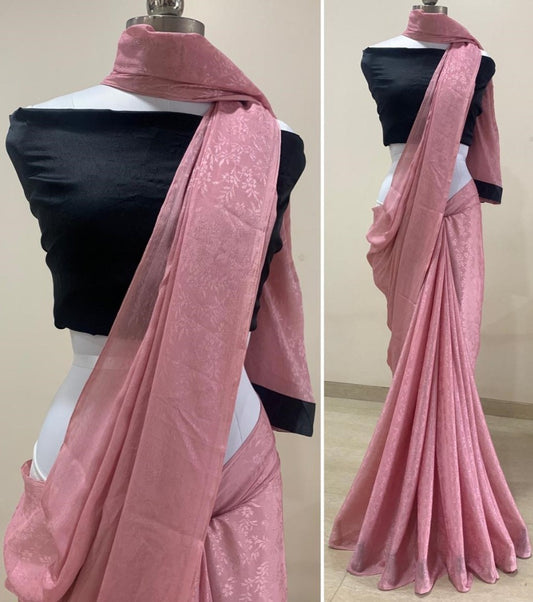 Baby pink chinon self design work party wear saree