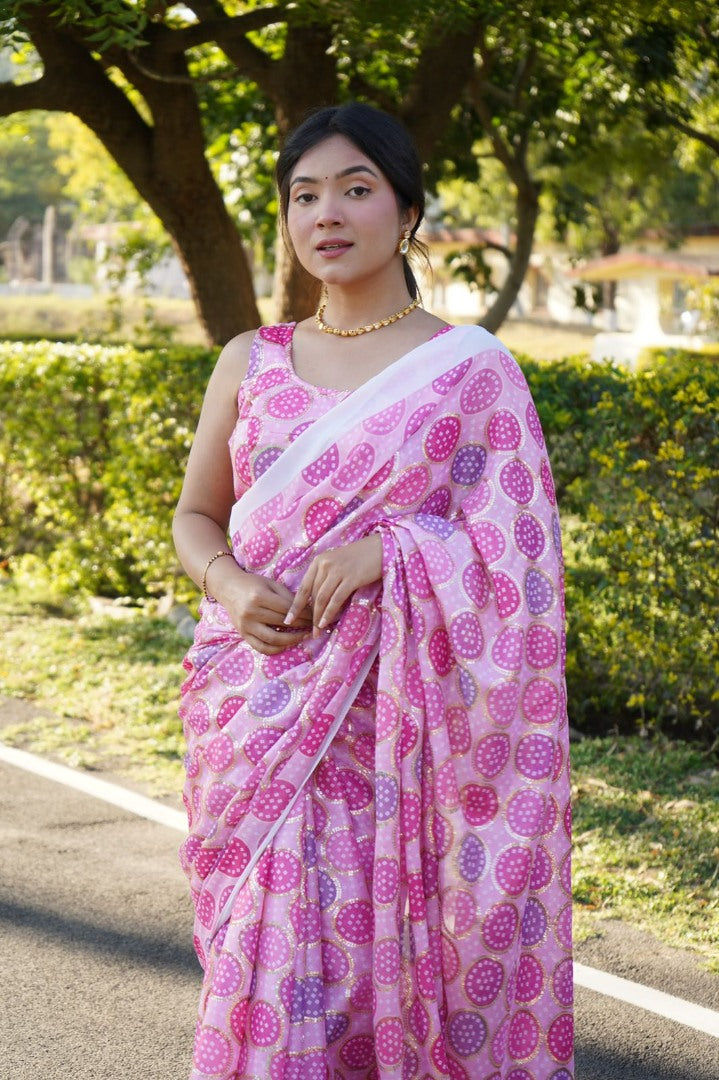 Baby pink chinon silk digital print and sequence work saree