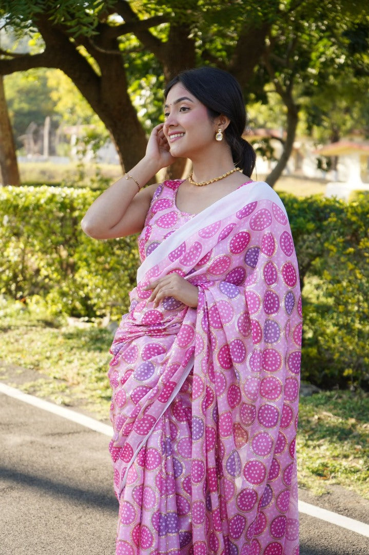 Baby pink chinon silk digital print and sequence work saree