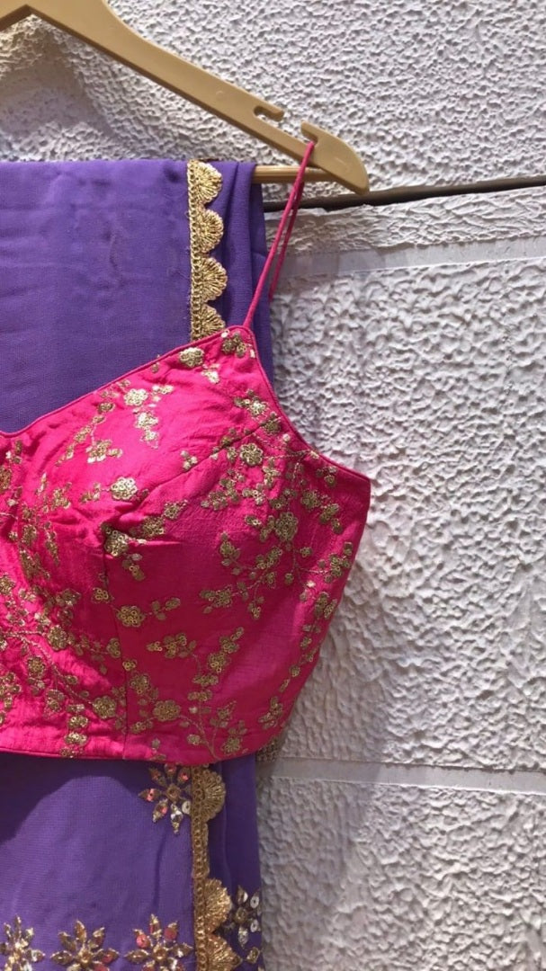 Baby pink chinon silk shibori printed embroidered lehenga choli