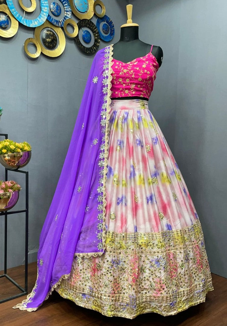 Baby pink chinon silk shibori printed embroidered lehenga choli