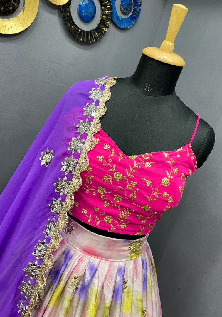 Baby pink chinon silk shibori printed embroidered lehenga choli