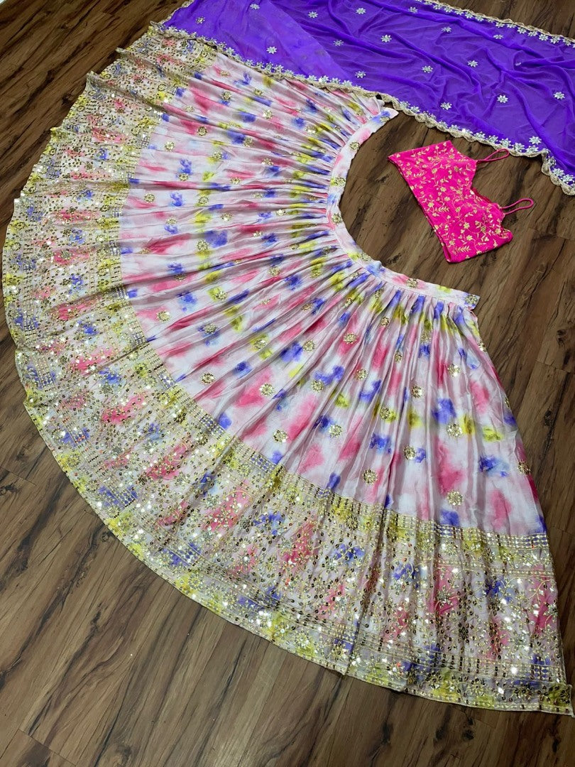 Baby pink chinon silk shibori printed embroidered lehenga choli