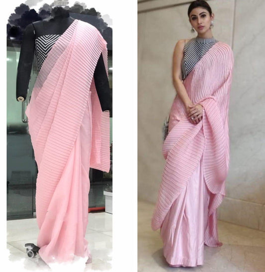 Baby pink chinu pleating work party wear saree
