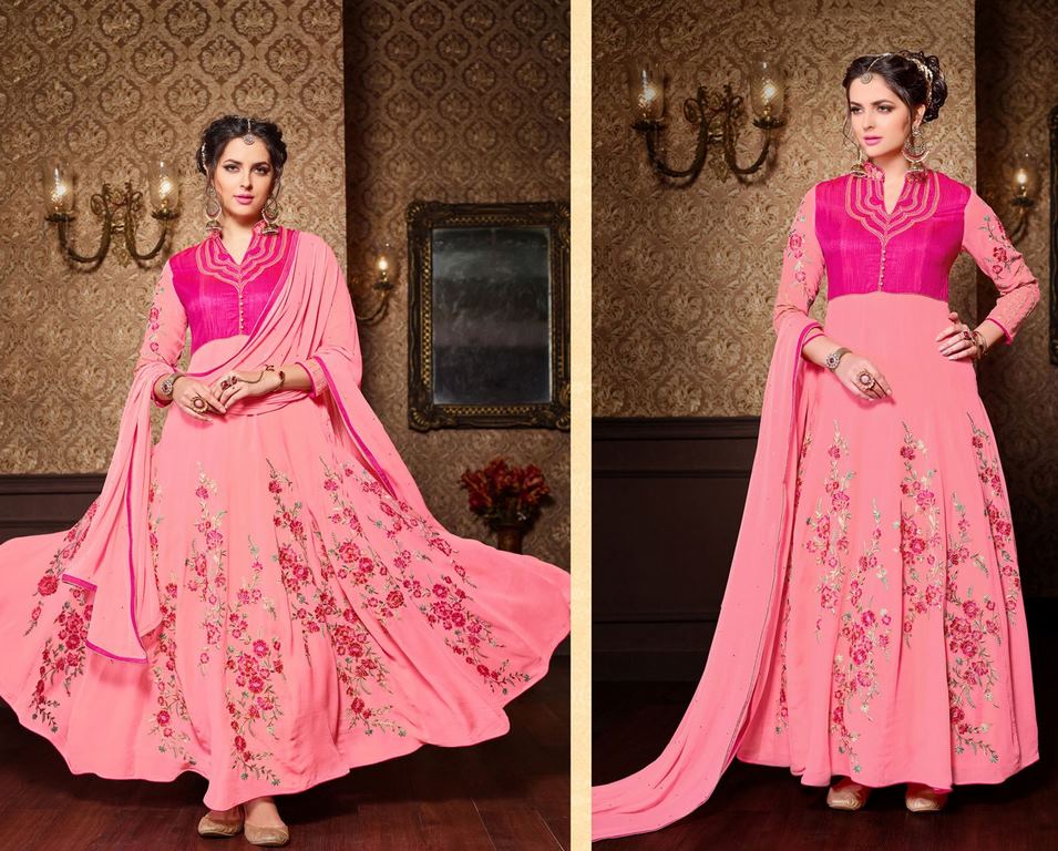 Baby Pink Colored Santoon Thread & Jari Embroidery Semi Stitched anarkali suit