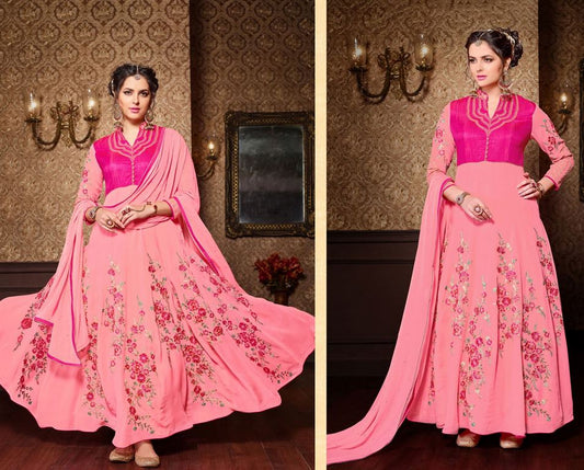 Baby Pink Colored Santoon Thread & Jari Embroidery Semi Stitched anarkali suit