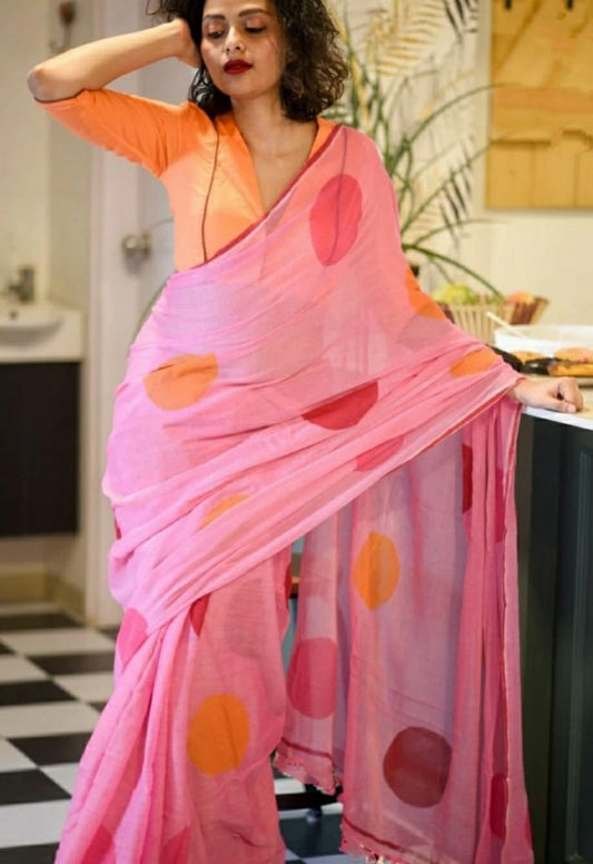 Baby pink cotton chanderi original digital printed work saree