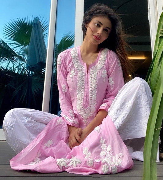 Baby pink cotton embroidery work plazzo kurti