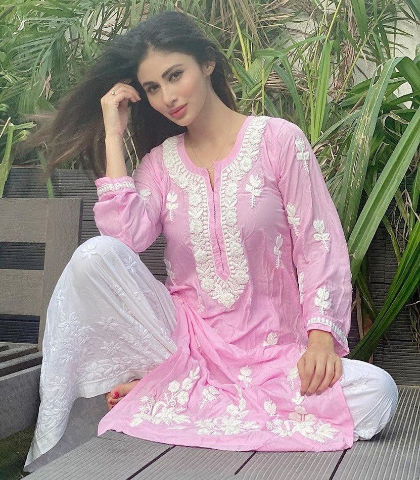 Baby pink cotton embroidery work plazzo kurti