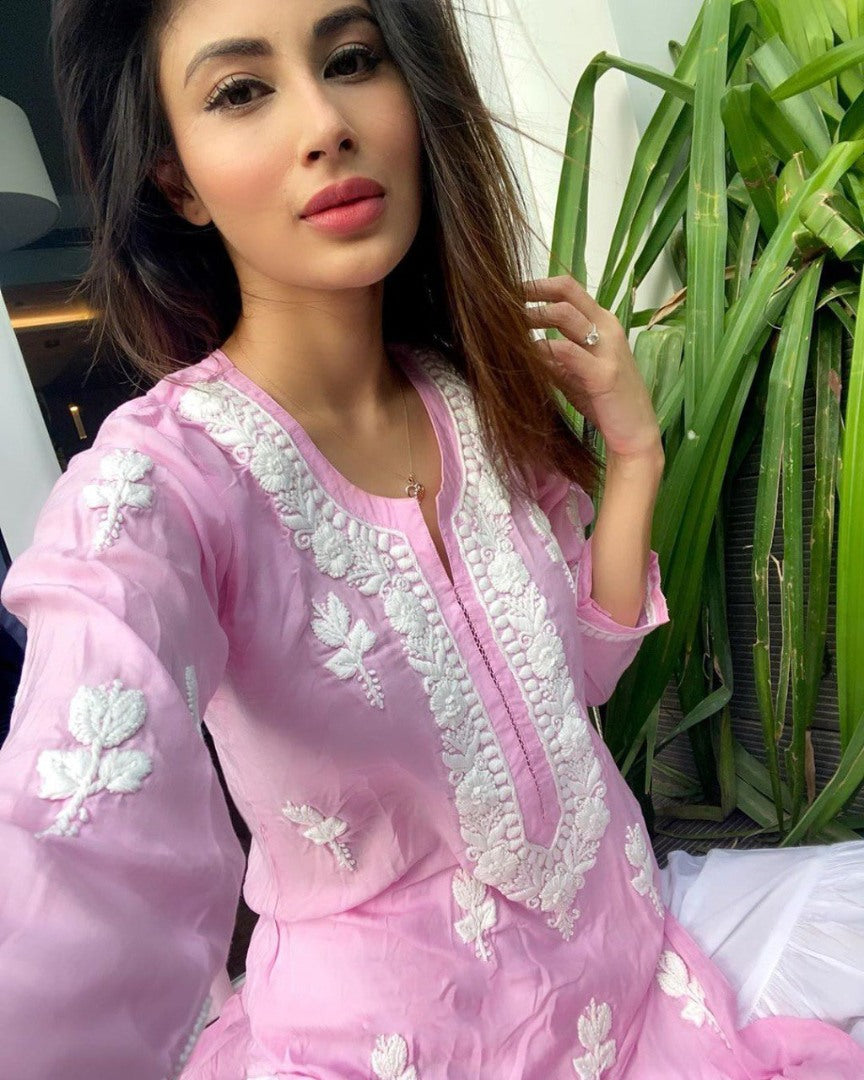 Baby pink cotton embroidery work plazzo kurti