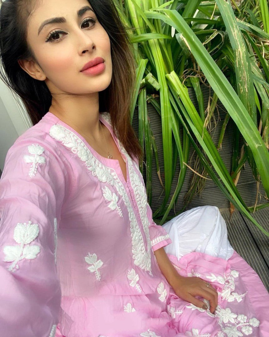 Baby pink cotton embroidery work plazzo kurti