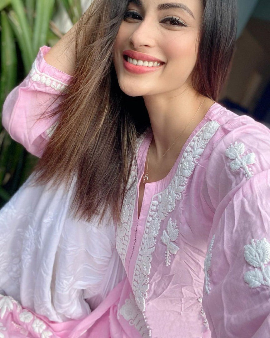 Baby pink cotton embroidery work plazzo kurti