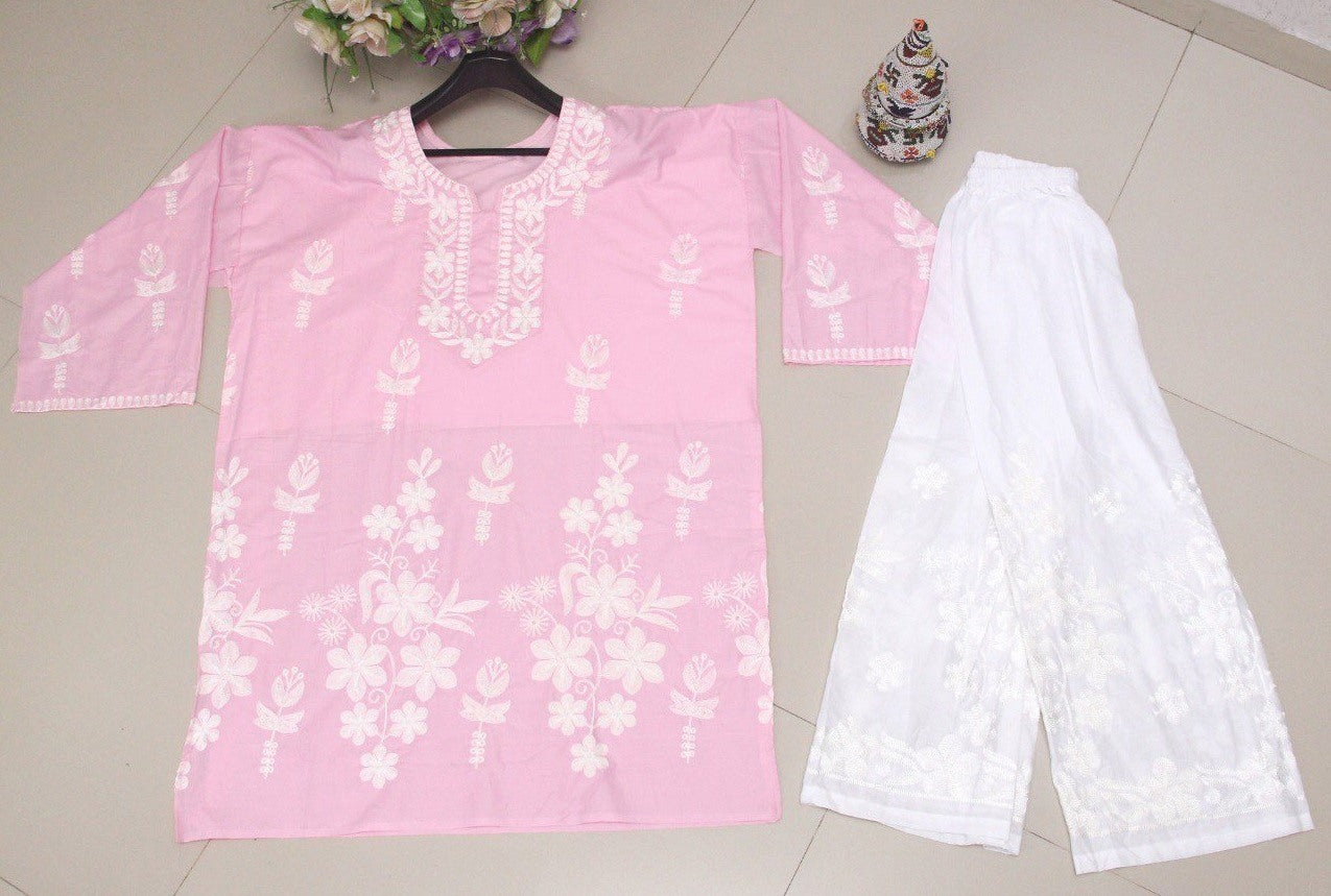 Baby pink cotton embroidery work plazzo kurti