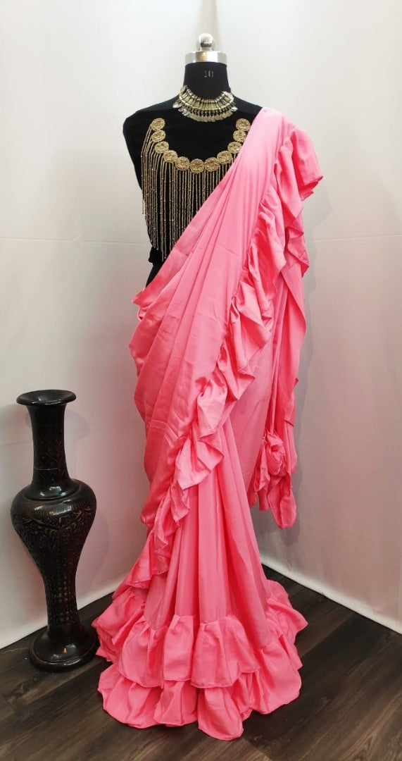 Baby pink crepe silk designer ruffle saree with handwork blouse