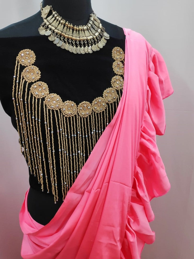 Baby pink crepe silk designer ruffle saree with handwork blouse