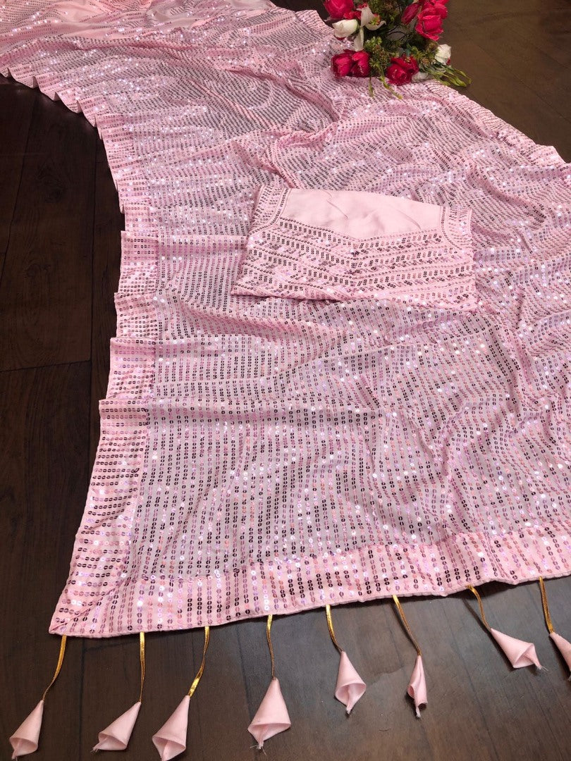 Baby pink crepe silk heavy sequence work saree