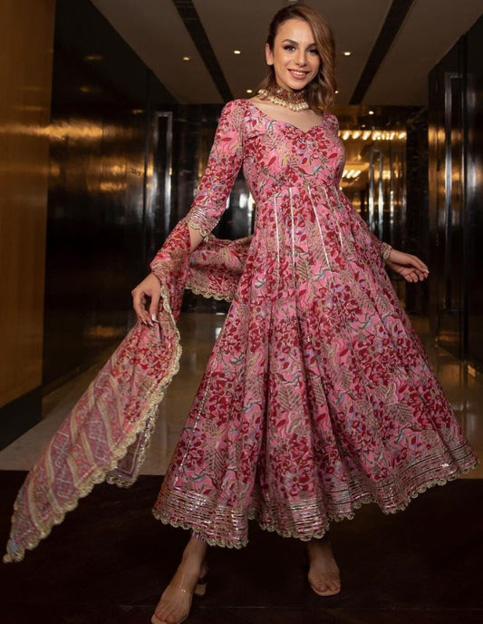 Baby pink digital printed and gota patti anarkali suit