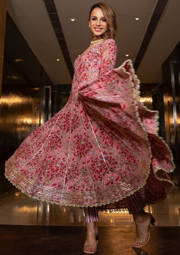 Baby pink digital printed and gota patti anarkali suit