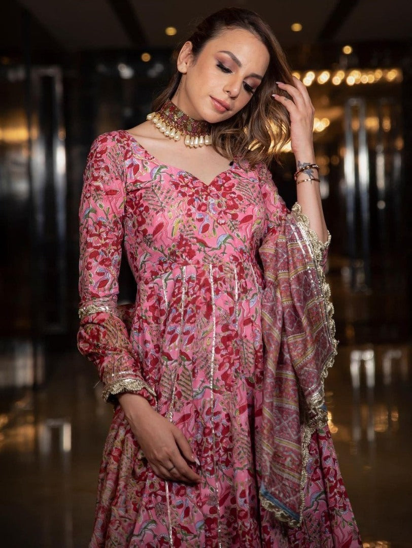 Baby pink digital printed and gota patti anarkali suit