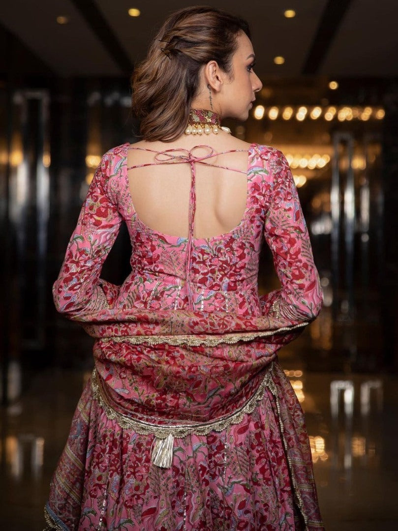 Baby pink digital printed and gota patti anarkali suit