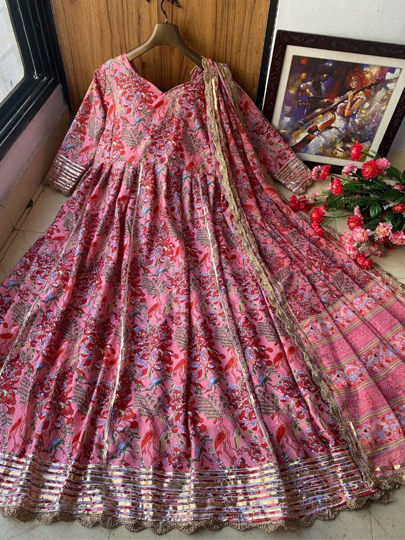Baby pink digital printed and gota patti anarkali suit