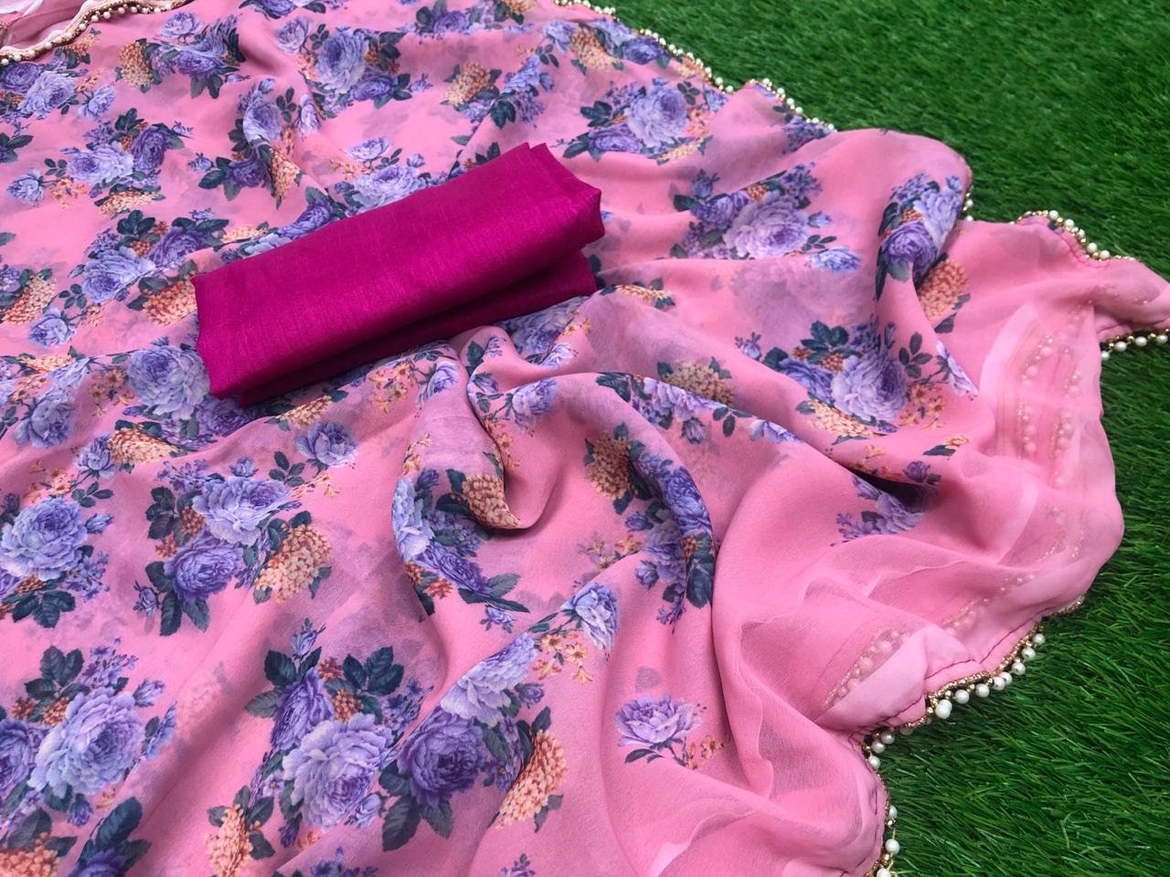 Baby pink digital printed casual wear saree