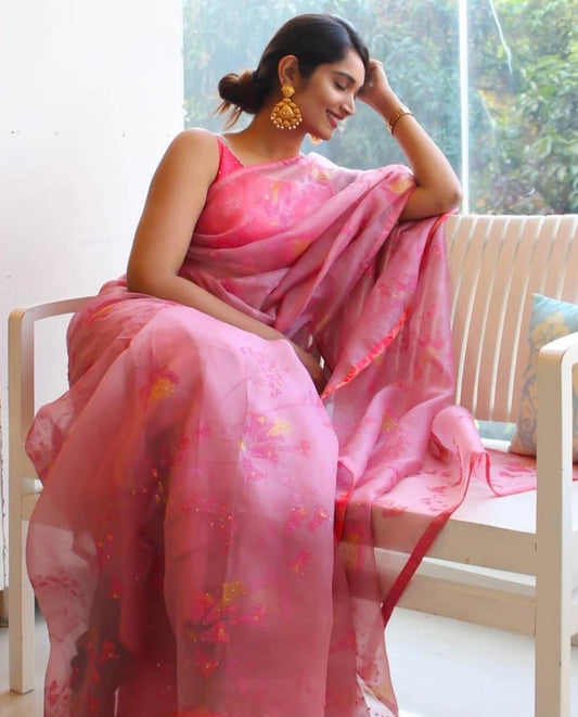 Baby pink digital printed khadi organza saree