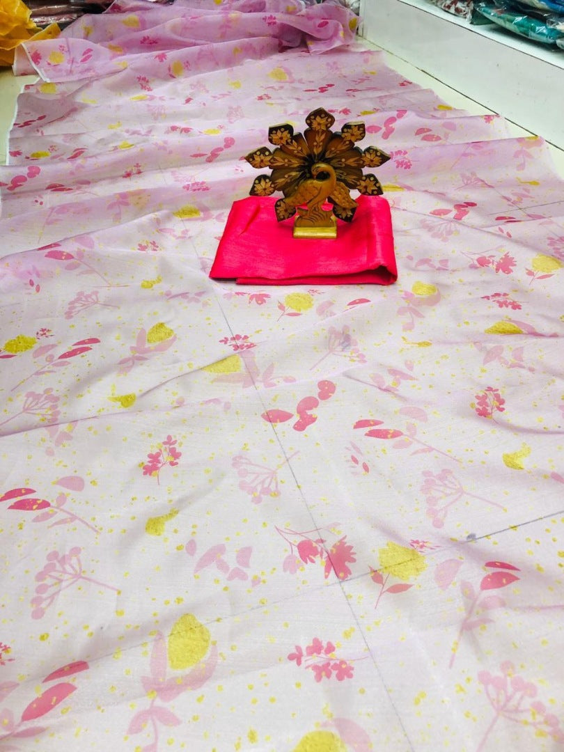 Baby pink digital printed khadi organza saree