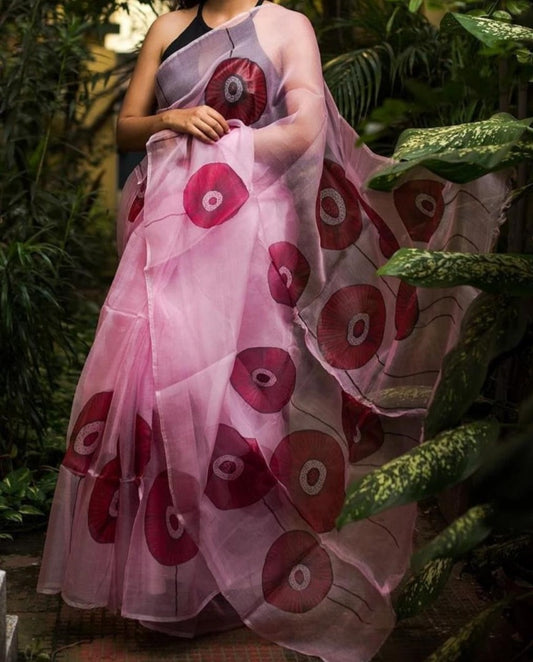 Baby pink digital printed organza saree