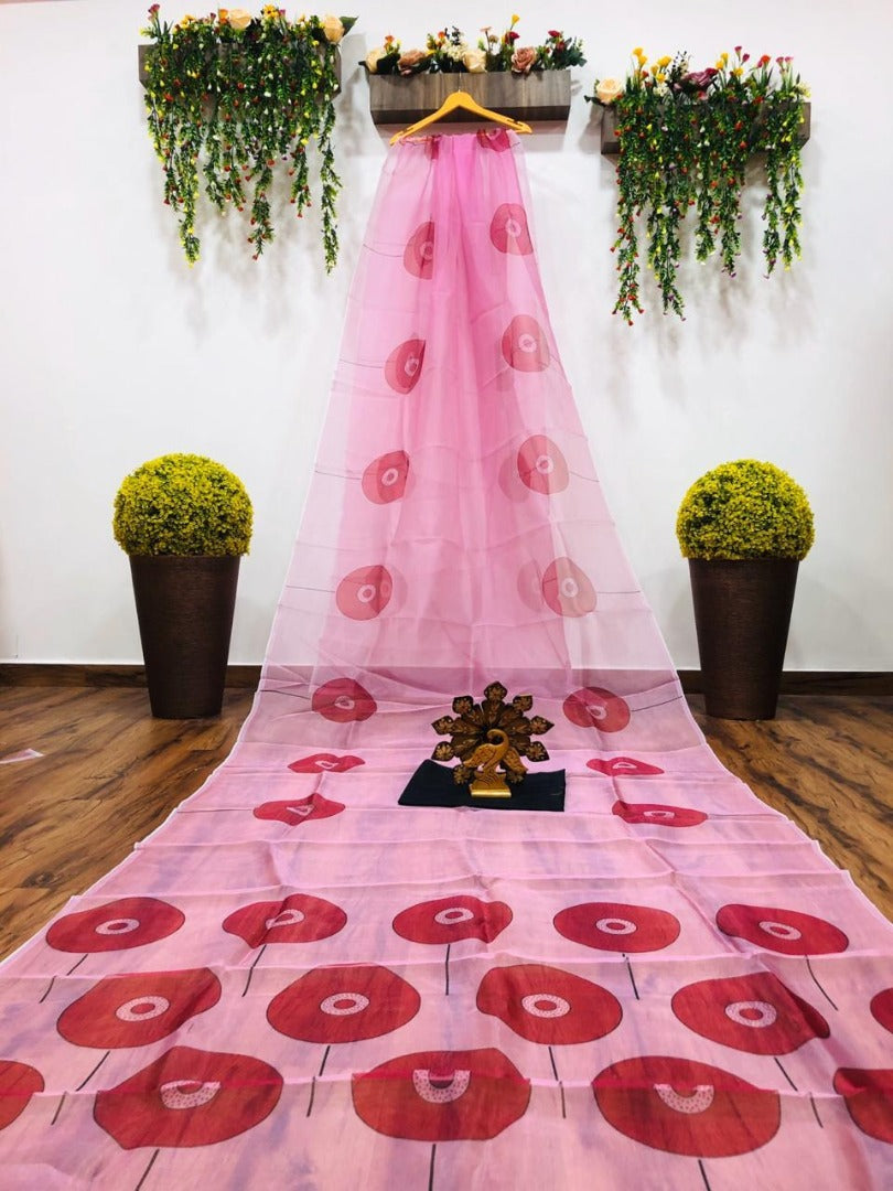 Baby pink digital printed organza saree