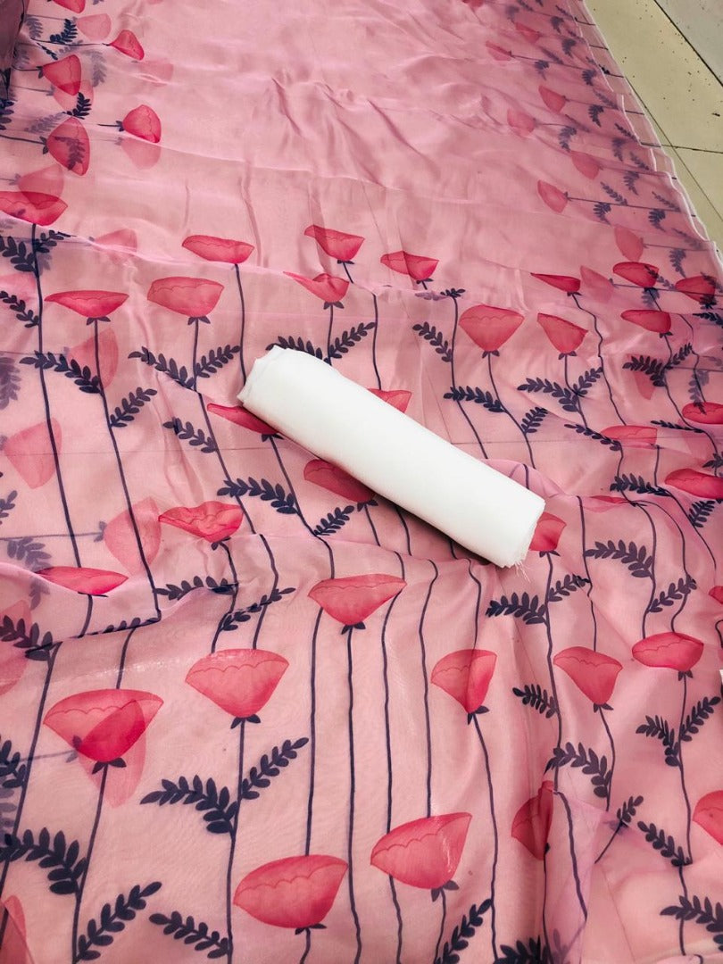Baby pink digital printed organza saree
