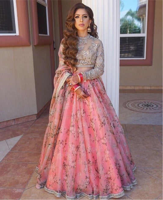 Baby pink digital printed organza silk ceremonial lehenga