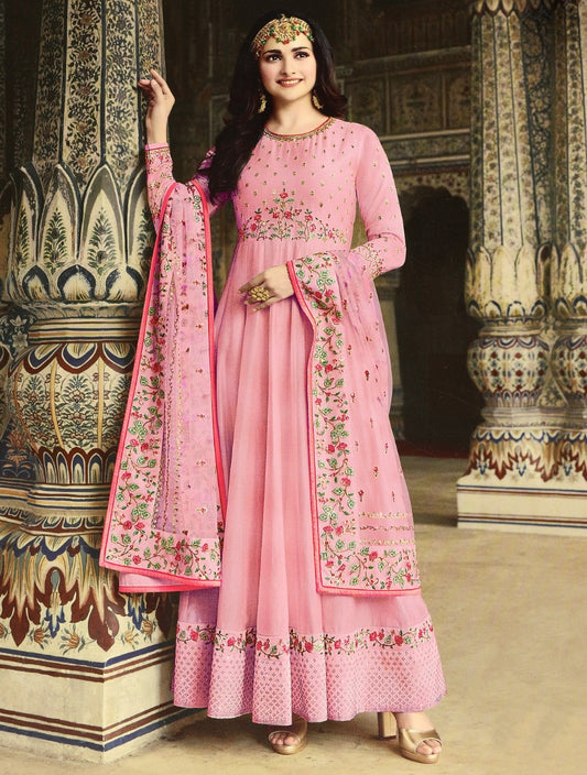 Baby pink dola silk heavy embroidered designer anarkali gown