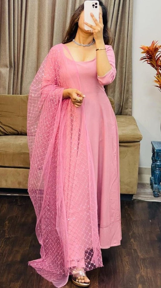 Baby pink finlon silk full stitching work party wear long gown
