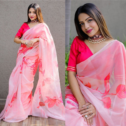 Baby pink floral and foil print organza saree