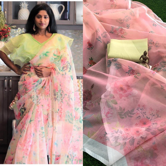 Baby pink floral digital printed pure orgenza saree