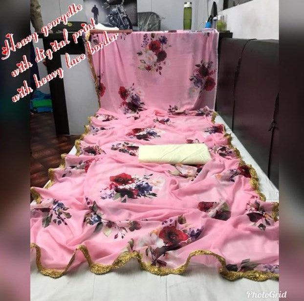 baby pink floral printed casual wear saree