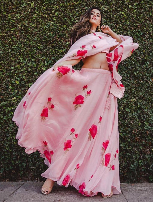Baby pink floral printed georgette girlish ceremonial lehenga choli