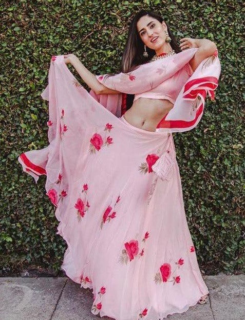 Baby pink floral printed georgette girlish ceremonial lehenga choli