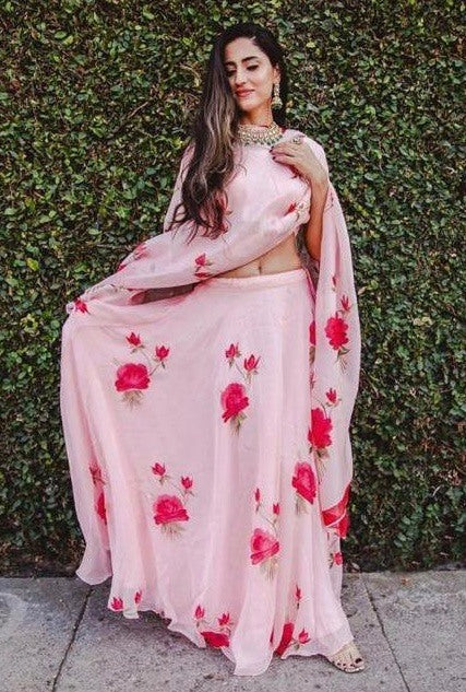 Baby pink floral printed georgette girlish ceremonial lehenga choli