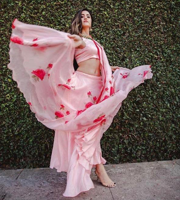 Baby pink floral printed georgette girlish ceremonial lehenga choli